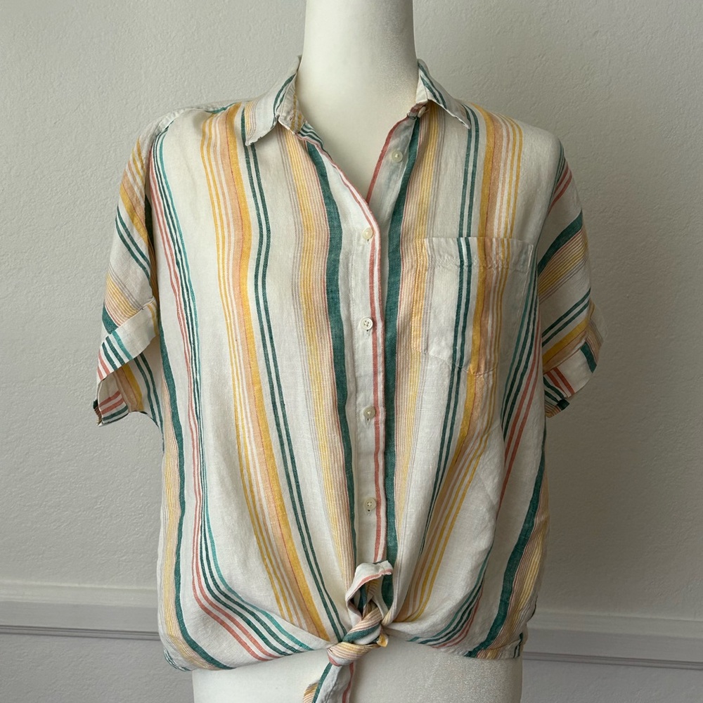Madewell Linen Short Sleeve Button Down Shirt tie waist